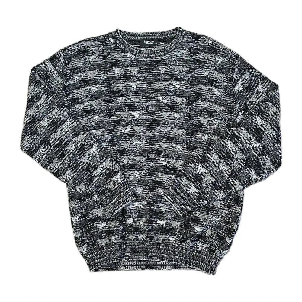 Toscano Italy 3D Textured Knit Sweater Mens M Black Gray Crewneck Coogi Style